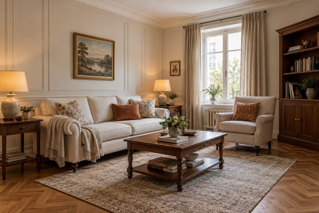 Классическая гостиная с кремовым диваном, деревянными столиками, парными лампами и паркетом